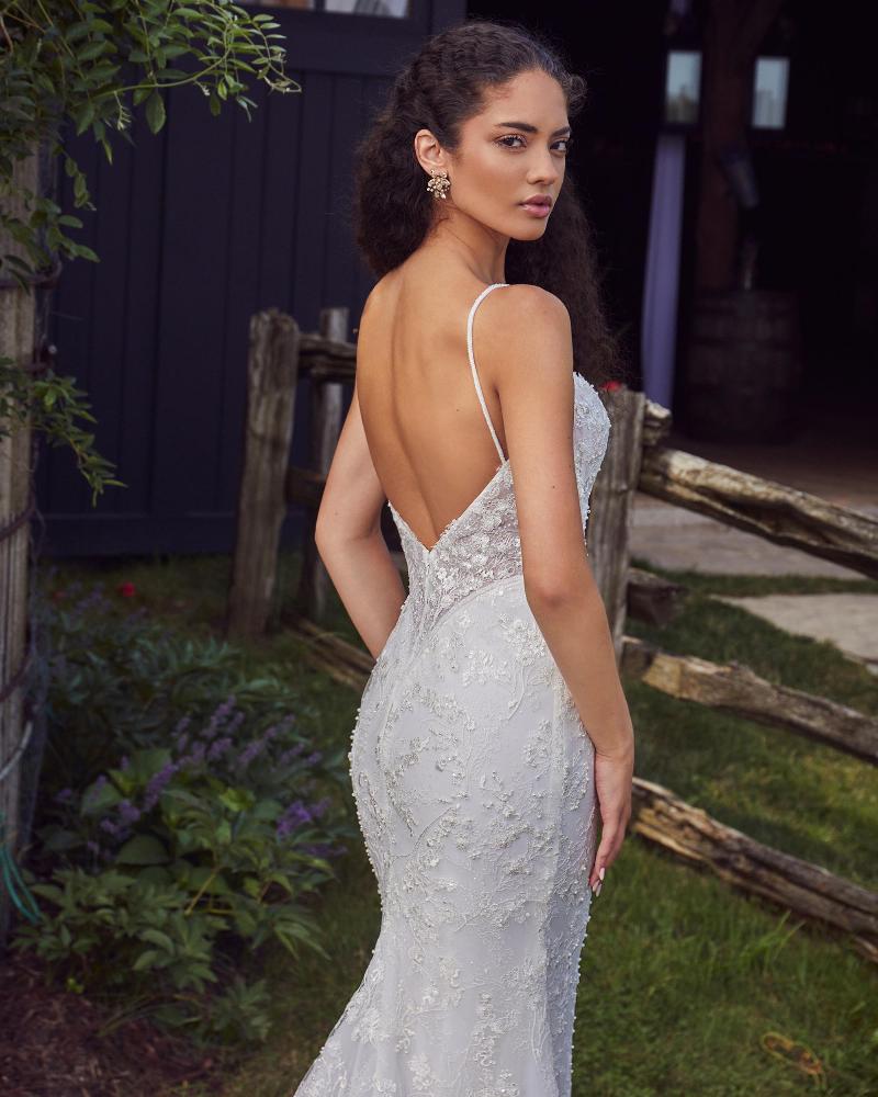 La24102 fitted beaded wedding dress with open back and sheath silhouette4